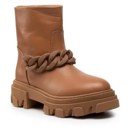 Stivaletto Biker Donna Stokton in Pelle di Vitello Cognac con Catena Cuoio art. BLK85