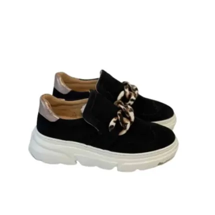 Mocassino Sneakers Donna Stokton in Camoscio Nero con Catena Maculata art. LANA-FW22