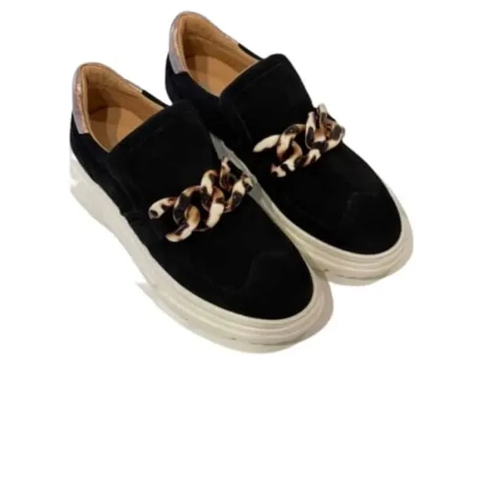 Mocassino Sneakers Donna Stokton in Camoscio Nero con Catena Maculata art. LANA-FW22, foto 2 di 3