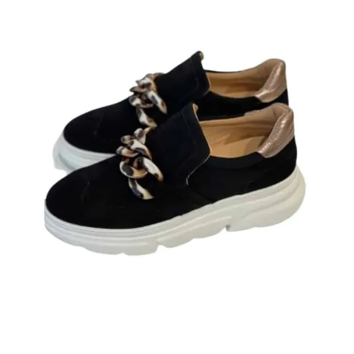 Mocassino Sneakers Donna Stokton in Camoscio Nero con Catena Maculata art. LANA-FW22, foto 3 di 3
