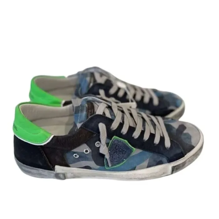 Sneaker Uomo Philippe Model Paris PRSX in pelle Camouflage Blu con Spoiler Verde Fluo e perfilo Bianco mod. PRLU CP08, foto 1 di 4