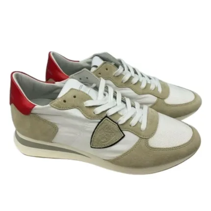 Sneaker Uomo Philippe Model Tropez TRPX in camoscio e tessuto Bianca e Beige con Spoiler Rosso in pelle mod. TZLU W084