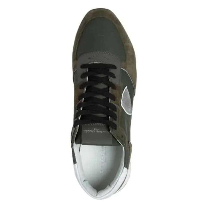 Sneaker Uomo Philippe Model Tropez TRPX in camoscio e tessuto Verde Militare con Spoiler Bianco in pelle e inserti Camouflage mod. TZLU GC02, foto 2 di 5