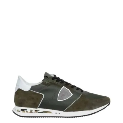Sneaker Uomo Philippe Model Tropez TRPX in camoscio e tessuto Verde Militare con Spoiler Bianco in pelle e inserti Camouflage mod. TZLU GC02