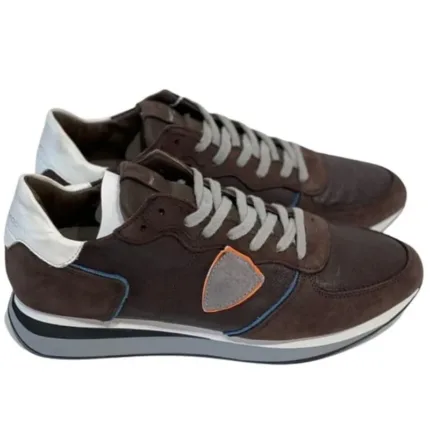 Sneaker Uomo Philippe Model Tropez TRPX in pelle Marrone con Spoiler Bianco e inserti Blu mod. TZLU VW01
