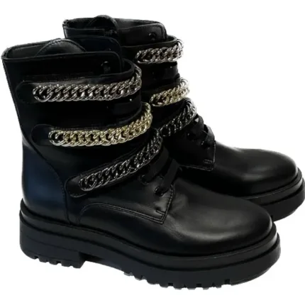 Stivaletto Biker con Lacci Donna Stokton in Pelle di Vitello Nero con Catene art. BLK82