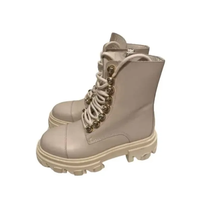 Stivaletto Biker con Lacci Donna Stokton in Pelle di Vitello Avorio con Passanti dei lacci Gioiello art. BLK58, foto 3 di 4