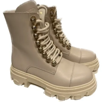 Stivaletto Biker con Lacci Donna Stokton in Pelle di Vitello Avorio con Passanti dei lacci Gioiello art. BLK58