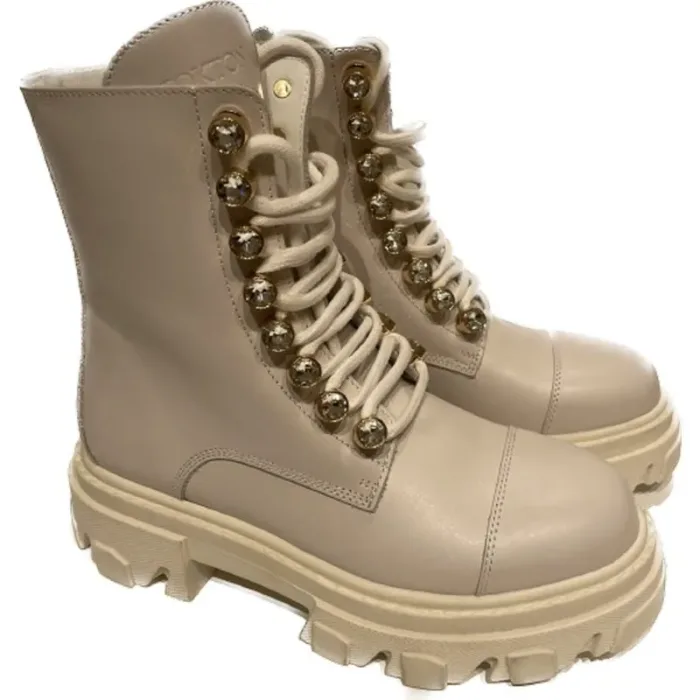 Stivaletto Biker con Lacci Donna Stokton in Pelle di Vitello Avorio con Passanti dei lacci Gioiello art. BLK58, foto 1 di 4