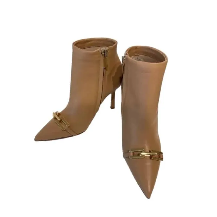 Tronchetto Ninalilou in Pelle Beige tacco 10cm e accessorio dorato  in punta cod.322614T9, foto 4 di 4