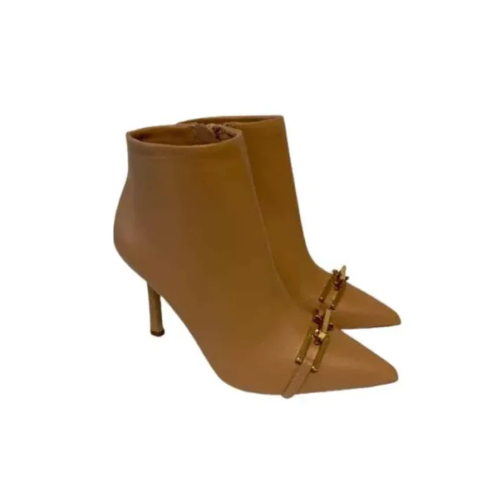 Tronchetto Ninalilou in Pelle Beige tacco 10cm e accessorio dorato  in punta cod.322614T9, foto 1 di 4