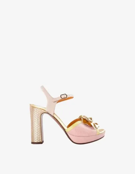 Sandalo Chie Mihara Rosa con fiore Dorato e cinturino alla caviglia, tacco 11 cm art. CATINA JEEP PINK JEEP LEMON