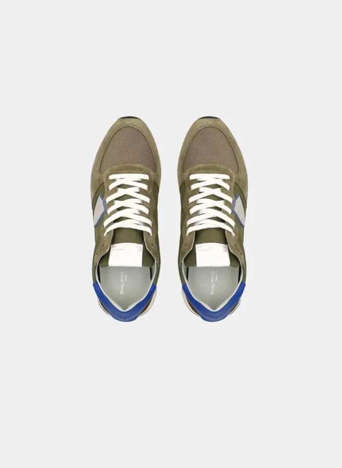 Sneakers Uomo Philippe Model in tela e camoscio Verde militare con Spoiler Blu elettrico art. TZLU W106, foto 3 di 6