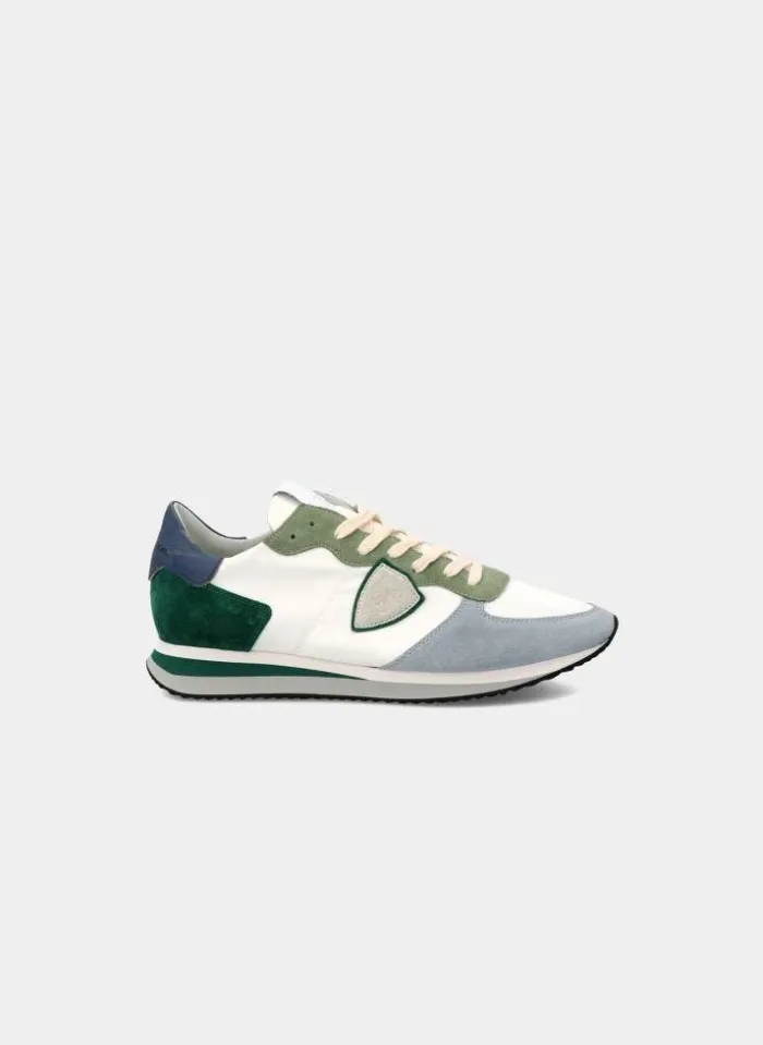 Sneakers Uomo Philippe Model in tela Bianca con inserti di camoscio Verdii e azzurri e Spoiler Blu art. TZLU W111, foto 1 di 4