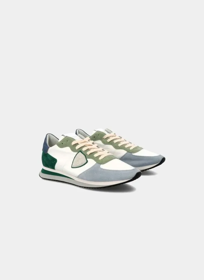 Sneakers Uomo Philippe Model in tela Bianca con inserti di camoscio Verdii e azzurri e Spoiler Blu art. TZLU W111, foto 2 di 4