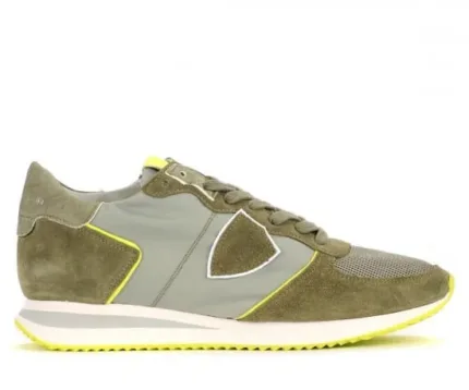 Sneakers Uomo Philippe Model in tela e camoscio Verde militare con inserti Giallo Fluo art. TZLU WN35