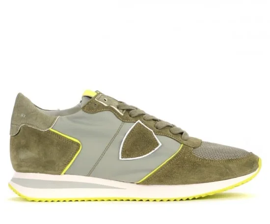 Sneakers Uomo Philippe Model in tela e camoscio Verde militare con inserti Giallo Fluo art. TZLU WN35, foto 1 di 4
