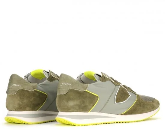 Sneakers Uomo Philippe Model in tela e camoscio Verde militare con inserti Giallo Fluo art. TZLU WN35, foto 3 di 4