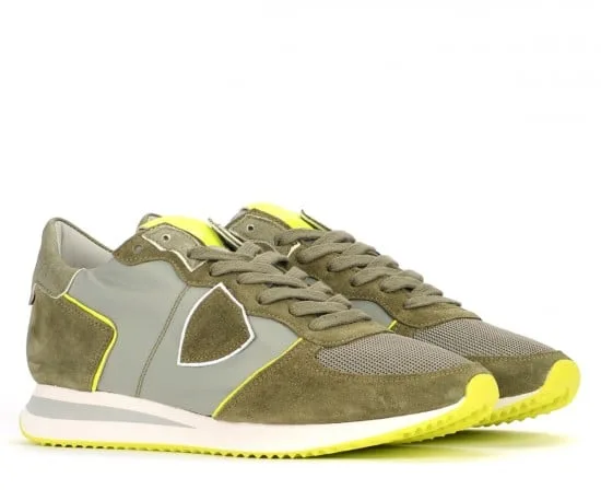Sneakers Uomo Philippe Model in tela e camoscio Verde militare con inserti Giallo Fluo art. TZLU WN35, foto 2 di 4