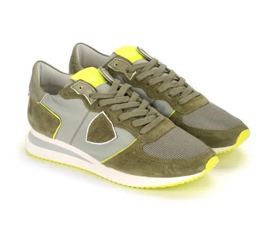 Sneakers Uomo Philippe Model in tela e camoscio Verde militare con inserti Giallo Fluo art. TZLU WN35, foto 4 di 4