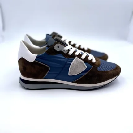 Sneakers Uomo Philippe Model in tela Blu con inserti di camoscio Marroni e Spoiler Bianco art. TZLU W109