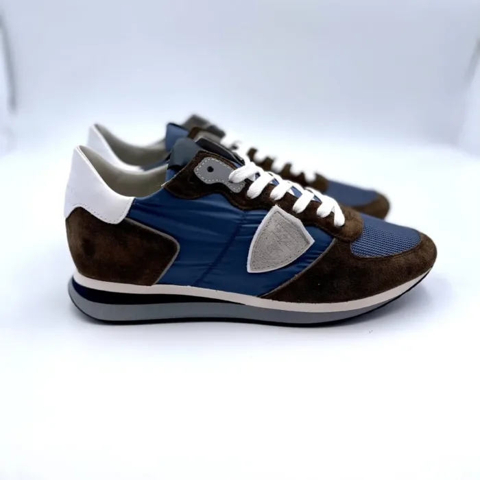 Sneakers Uomo Philippe Model in tela Blu con inserti di camoscio Marroni e Spoiler Bianco art. TZLU W109, foto 1 di 5