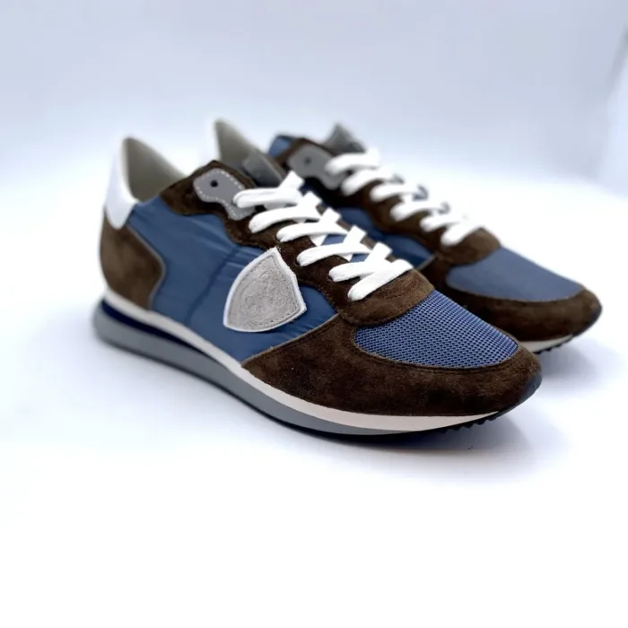 Sneakers Uomo Philippe Model in tela Blu con inserti di camoscio Marroni e Spoiler Bianco art. TZLU W109, foto 2 di 5