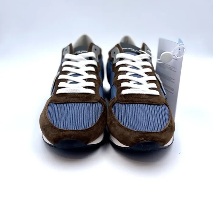 Sneakers Uomo Philippe Model in tela Blu con inserti di camoscio Marroni e Spoiler Bianco art. TZLU W109, foto 3 di 5