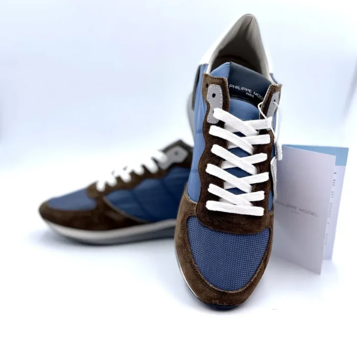 Sneakers Uomo Philippe Model in tela Blu con inserti di camoscio Marroni e Spoiler Bianco art. TZLU W109, foto 4 di 5