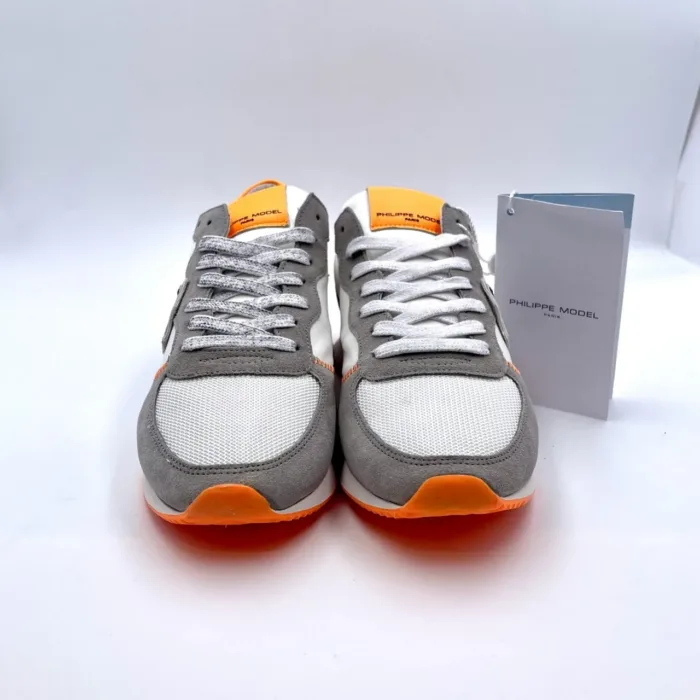 Sneakers Uomo Philippe Model in tela Bianca con inserti di camoscio Grigio e Spoiler Arancione art. TZLU WNL1, foto 3 di 5