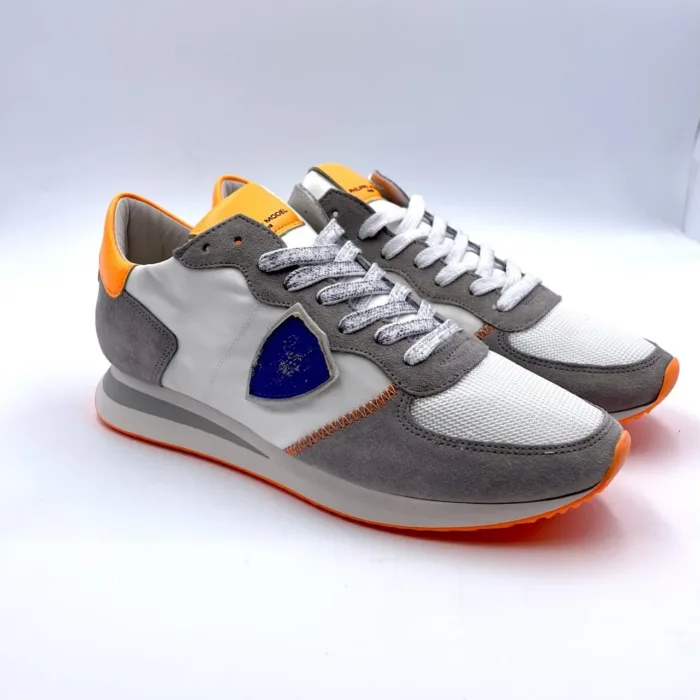 Sneakers Uomo Philippe Model in tela Bianca con inserti di camoscio Grigio e Spoiler Arancione art. TZLU WNL1, foto 2 di 5