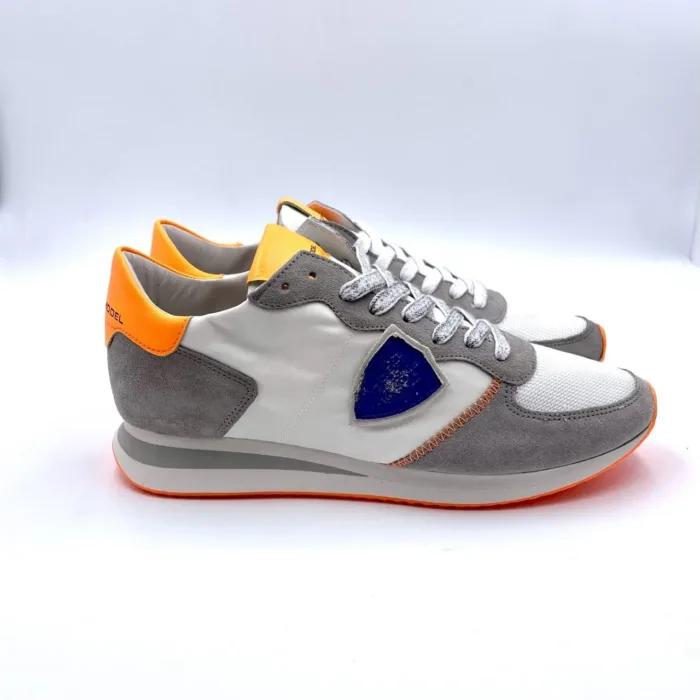 Sneakers Uomo Philippe Model in tela Bianca con inserti di camoscio Grigio e Spoiler Arancione art. TZLU WNL1, foto 1 di 5