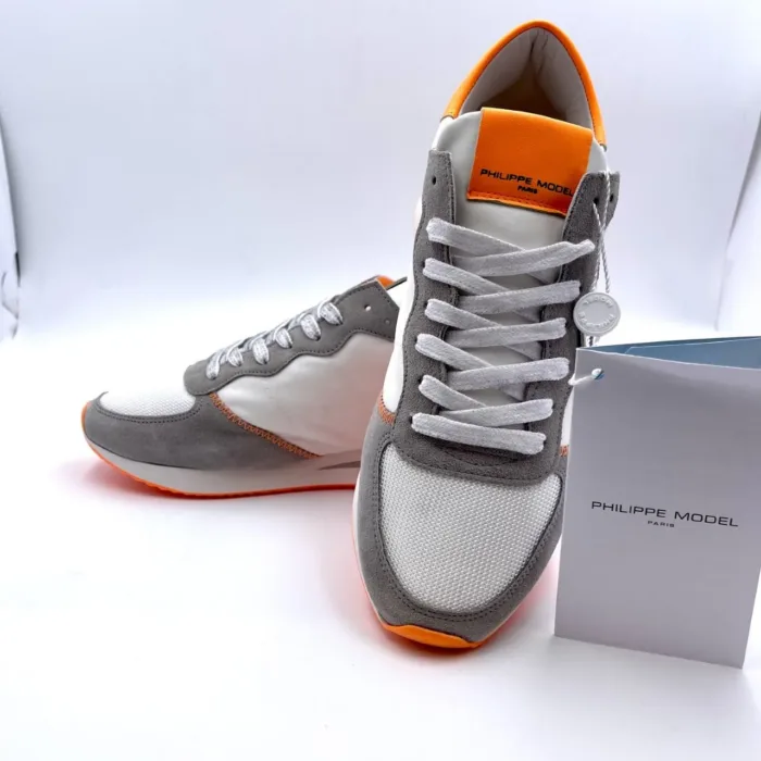 Sneakers Uomo Philippe Model in tela Bianca con inserti di camoscio Grigio e Spoiler Arancione art. TZLU WNL1, foto 4 di 5