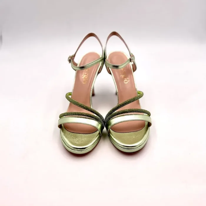 Sandali Pergiò Laminato Verde con cinturino alla caviglia, strass e tacco 9 cm art. 628, foto 2 di 4