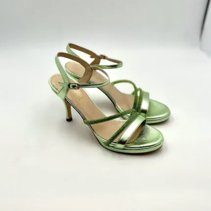 Sandali Pergiò Laminato Verde con cinturino alla caviglia, strass e tacco 9 cm art. 628