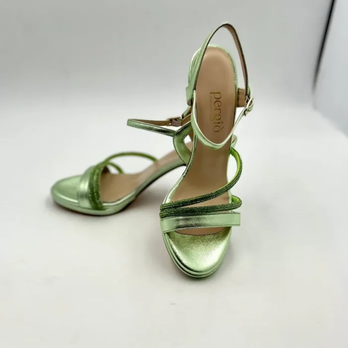 Sandali Pergiò Laminato Verde con cinturino alla caviglia, strass e tacco 9 cm art. 628, foto 4 di 4