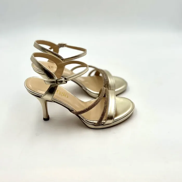 Sandali Pergiò Laminato Platino con cinturino alla caviglia, strass e tacco 9 cm art. 628, foto 1 di 5