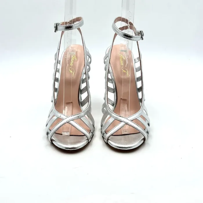 Sandali Ragnetto open toe Anna F in nappa laminata Argento e tacco 10 cm art. 3409, foto 2 di 5