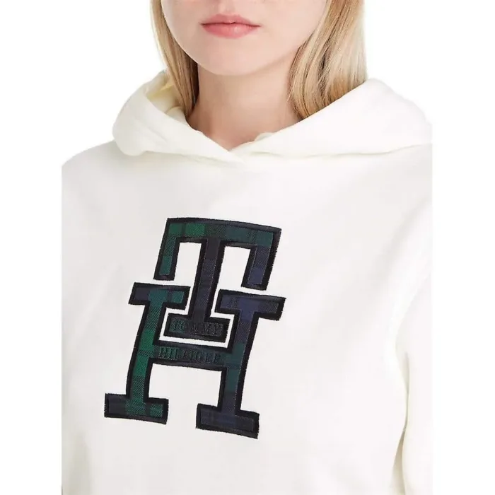 Felpa con cappuccio Donna Tommy Hilfiger Bianca con Monogramma TH applicato cod. WW0WW37441YBL, foto 3 di 3