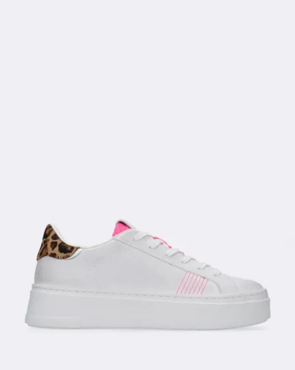 Sneakers Donna Crime in pelle Bianca con Spoiler Leopardato e linguetta Snake Fucsia art. 23470PP4.68