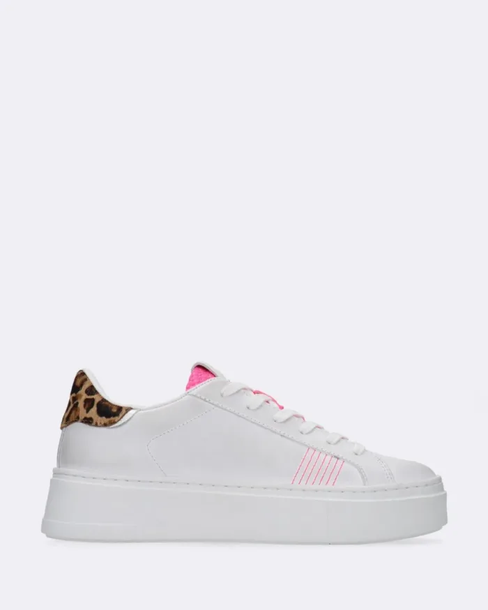 Sneakers Donna Crime in pelle Bianca con Spoiler Leopardato e linguetta Snake Fucsia art. 23470PP4.68, foto 1 di 1
