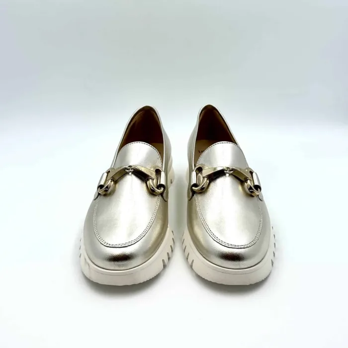 Mocassino Luca Grossi in pelle Platino, suola in gomma Flex bianca, fibbia oro art. F916M, foto 2 di 5