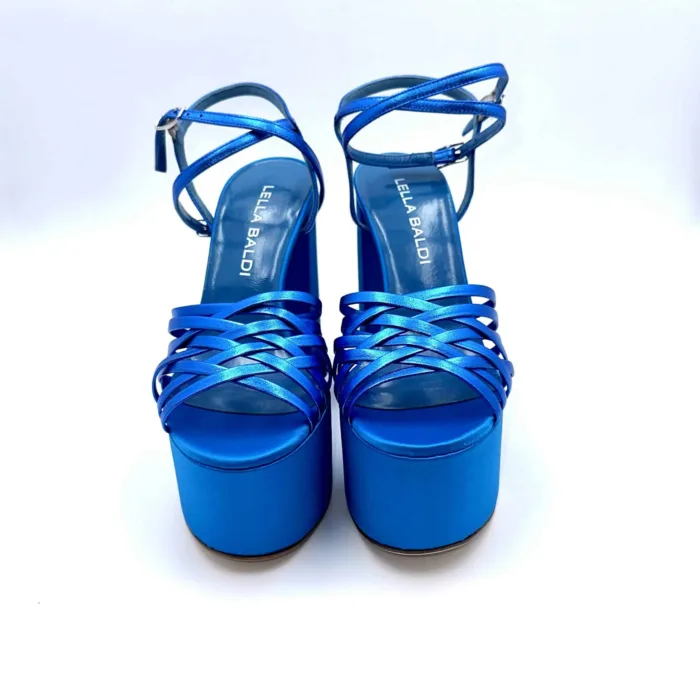 Sandali con Plateau Lella Baldi in nappa Laminata Blu Elettrico, Tacco 14 cm e plateau  6 cm art. LT542, foto 2 di 6