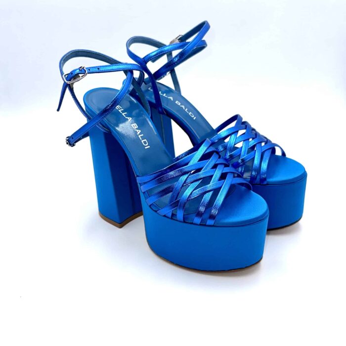 Sandali con Plateau Lella Baldi in nappa Laminata Blu Elettrico, Tacco 14 cm e plateau  6 cm art. LT542, foto 3 di 6