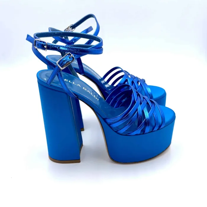 Sandali con Plateau Lella Baldi in nappa Laminata Blu Elettrico, Tacco 14 cm e plateau  6 cm art. LT542, foto 1 di 6