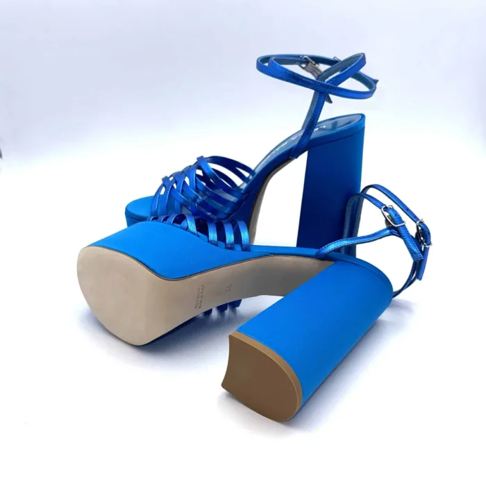 Sandali con Plateau Lella Baldi in nappa Laminata Blu Elettrico, Tacco 14 cm e plateau  6 cm art. LT542, foto 6 di 6