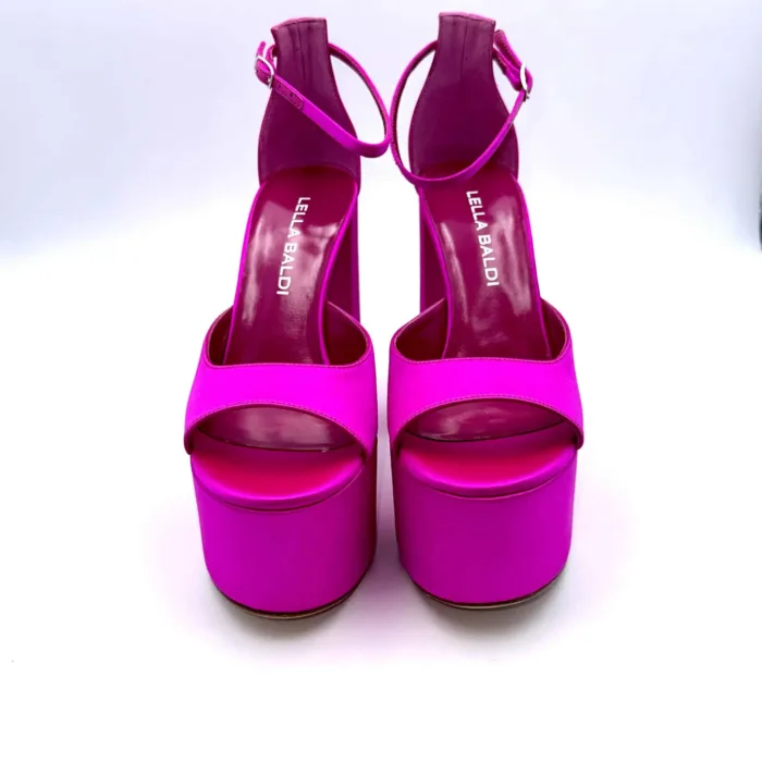 Sandali con Plateau Lella Baldi in Raso Fucsia, Tacco 14 cm e plateau  6 cm art. LT543T, foto 2 di 6