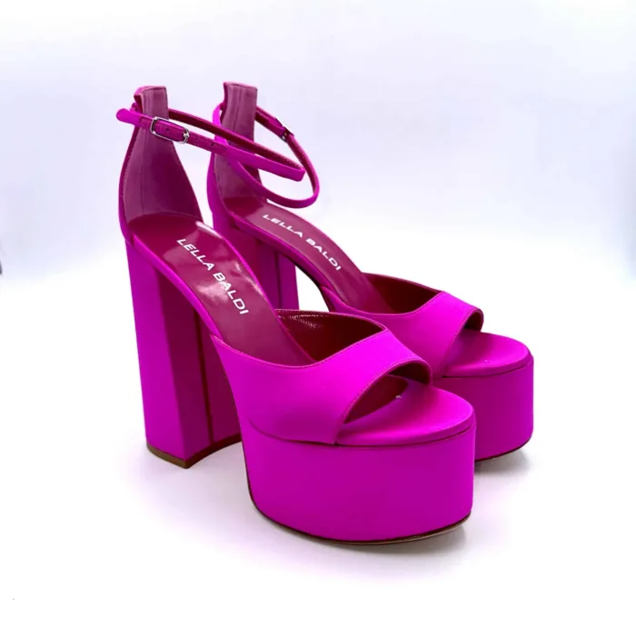 Sandali con Plateau Lella Baldi in Raso Fucsia, Tacco 14 cm e plateau  6 cm art. LT543T, foto 3 di 6