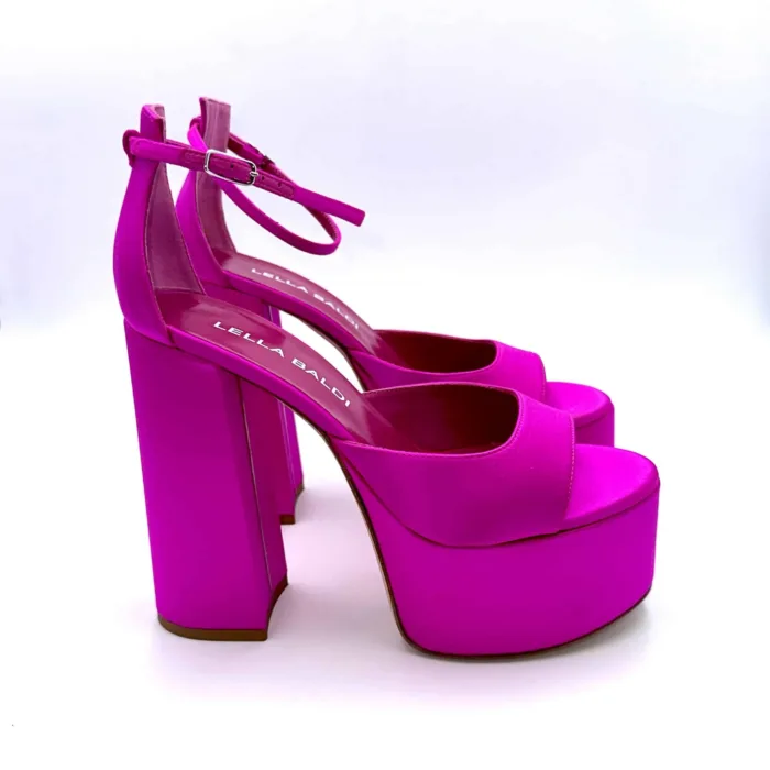 Sandali con Plateau Lella Baldi in Raso Fucsia, Tacco 14 cm e plateau  6 cm art. LT543T, foto 1 di 6