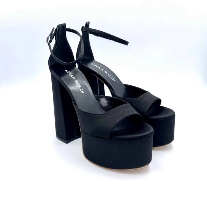 Sandali con Plateau Lella Baldi in Raso Nero, Tacco 14 cm e plateau  6 cm art. LT543T, foto 3 di 6